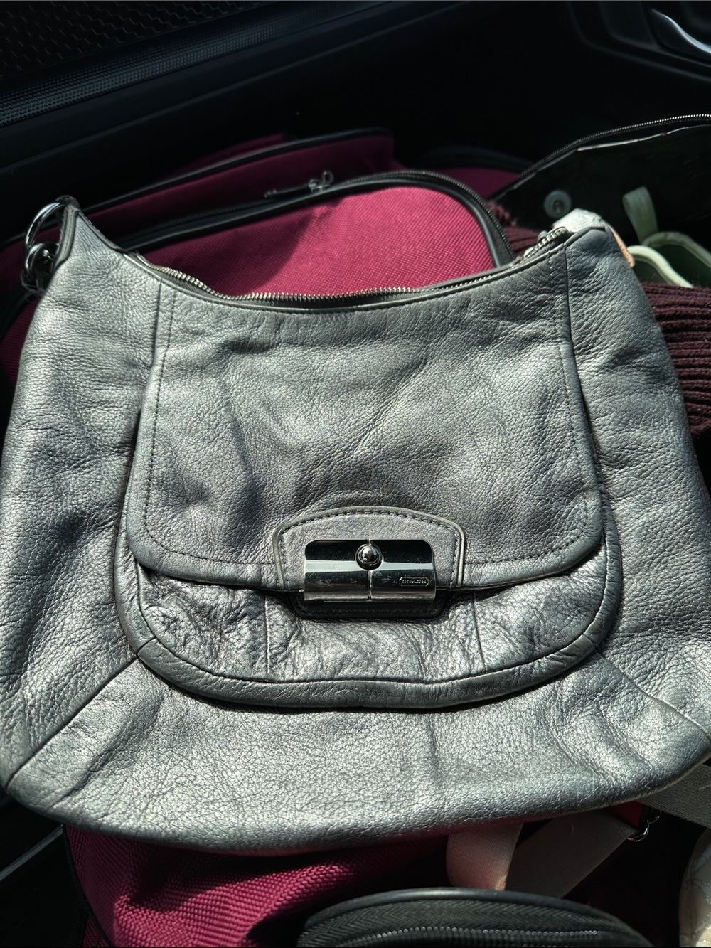 Women's Metallic Gray Leather Coach Shoulder Bag